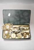 An intersting mixed lot of vintage and antique items including vesta case, brass brooch, sugar nips,