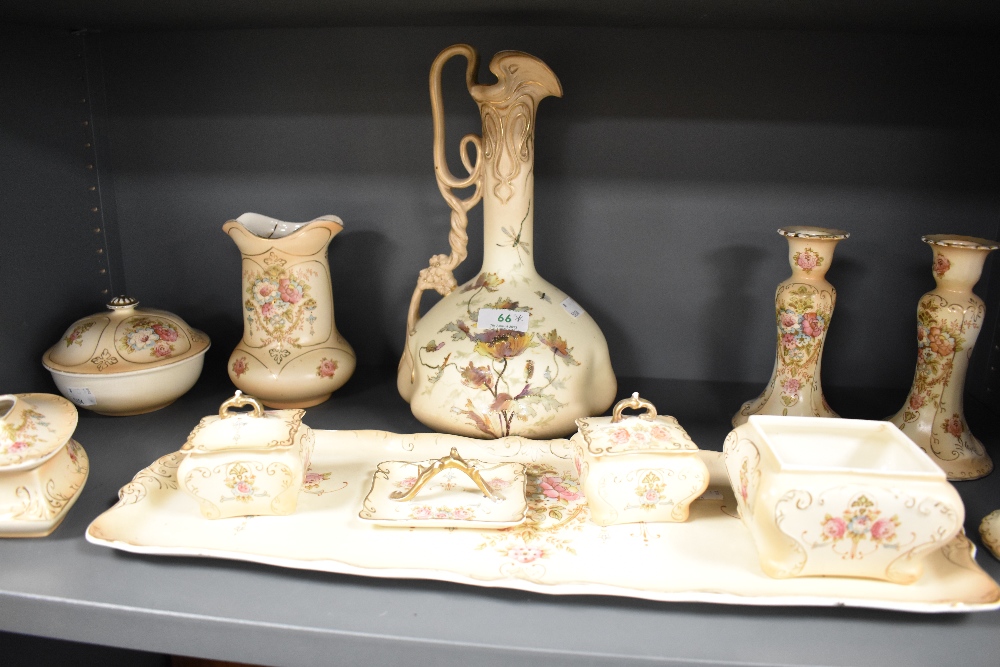 A selection of early 20th Century Crown Devon fieldings dressing table items etc