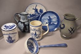 A selection of European pottery including Delft , Copenhagen plate and German Weinkrug
