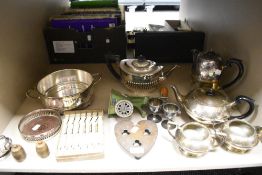20th century silver plated wares including tea set, boxed knives and serving dish