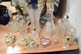 20th century clear cut crystal glass including large vase, decanters and condiments