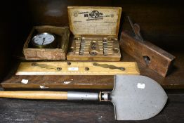 Hardware including Tap and Dye set, Trench shovel and brass gauge