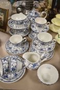 A vintage English tea service , blue and white transfer print, impressed marks to base