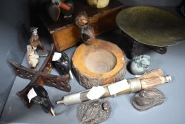 A mixed lot of vintage items to include treen elephants, ash tray and music box also figurines, horn