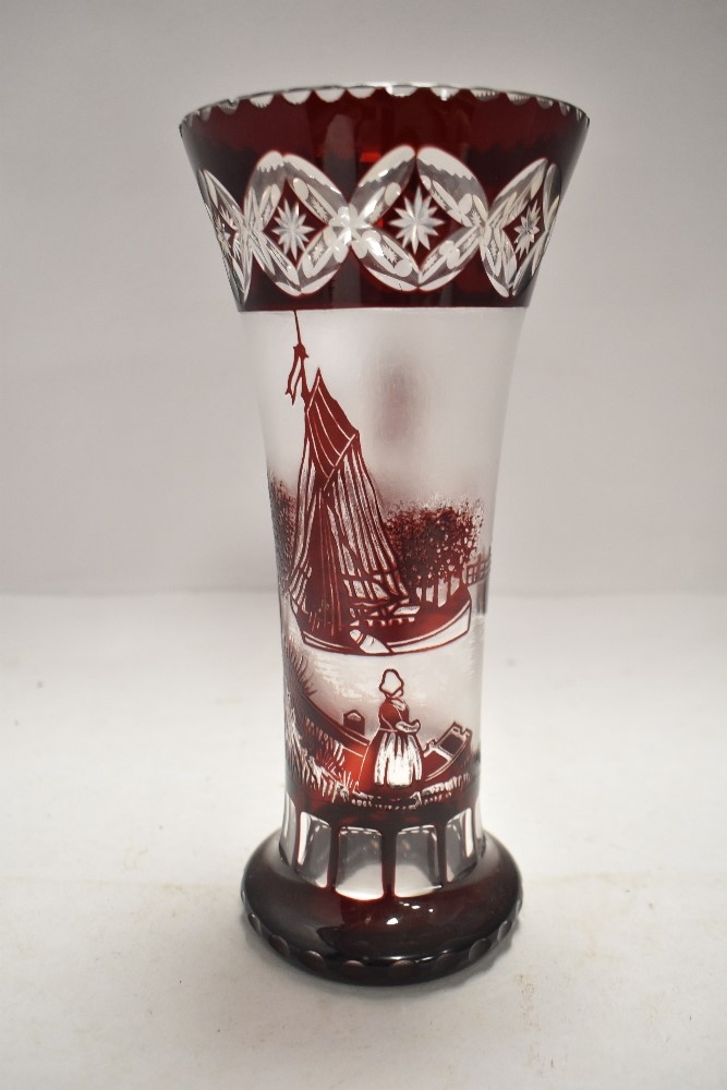 Early 20th century cut cameo Bohemain overlay ruby red glass vase having a Dutch scene - Image 2 of 2