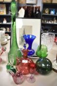 20th century studio art glass including cranberry decanter, fishing float and Wedgwood bird