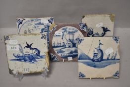 A selection of delft tiles as follows; C1600's with mythical creature, C1770's harbour scene, C 1650