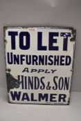 20th century advertising enamel sign for To Let Unfurnished Hinds and Son Walmer