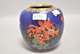 A cloisonne vase, ovoid form, having typical foliate and bird decoration, on blue ground, height