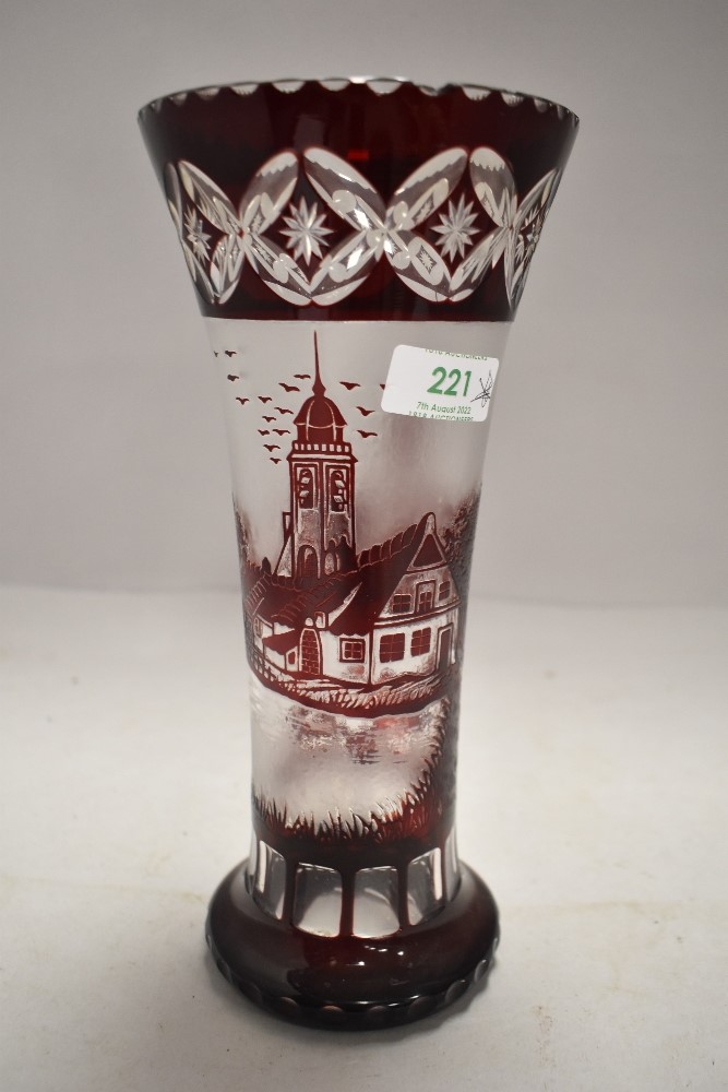 Early 20th century cut cameo Bohemain overlay ruby red glass vase having a Dutch scene