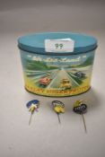 20th century advertising tin for Air Sea Land with three Fyffes banana badges