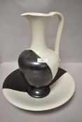 Mid century studio pottery wash bowl and vase set in a two tone black and white glaze. Bowl AF