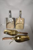 Grain or flour scoops two large galvanised examples and a pair of converted brass scoops as wall