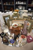 20th century curios and trinkets including Cash's bird pictures, wooden chest and art glass vase