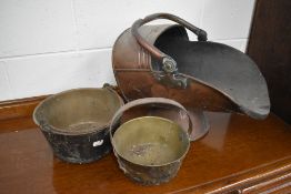 20th century copper coal scuttle or bucket and two jam pans