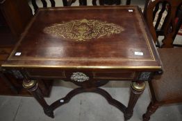 A late 18th century Regency design mahogany console table having inlayed and edged brass work