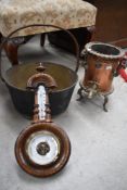 A selection of hardware including jam pan, barometer and samovar