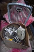 A selection of MG car parts and spares including bumper, grill and steering wheel