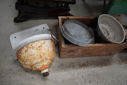 A collection of vintage metal ware to include cast enamel coated wall sink with splash back, bowl,