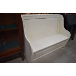 A painted pine settle/pew style bench , width approx. 130cm