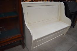 A painted pine settle/pew style bench , width approx. 130cm
