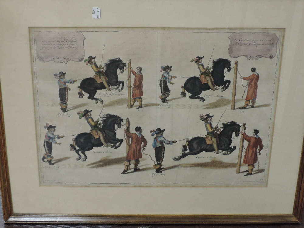 (19th century), an engraving, later coloured, French horse training...