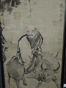 (20th century), a cloth print, Chinese immortal with oxen, 111 x 40cm, framed, 115 x 43