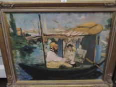 Claude Monet, after, a modern oleograph print, 'Monet Dans Son Bateau Atelier', 62 x 75cm, moulded