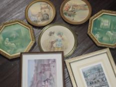 (20th century), a pair of watercolours on silk, circular townscapes, dia 14cm, framed, a (19th
