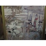 (20th century), a print, Japanese Geisha in a coastal garden setting with cranes, moulded gilt