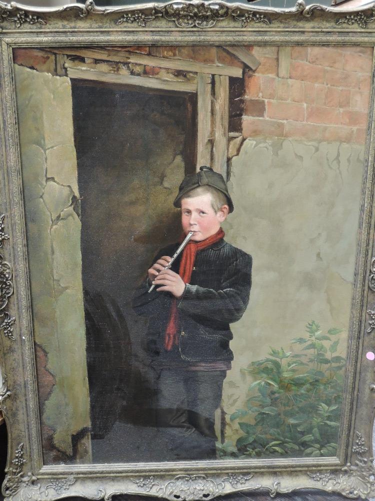 (20th century), an oil painting, boy playing flute, not signed, 75 x 54cm...