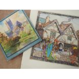 (20th century), a watercolour, Wells cathedral book illustration, 10 x 10cm, and an etching, The Old