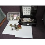 A collection of World Coins in plastic tub and a collection of Fantasy and copy Coins in cash box