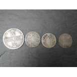 Four Queen Anne Silver Coins, 1707 1/2 Crown with E below bust and Sexto on edge, 1708 Shilling with