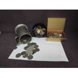 A tankard containing modern GB 50p Coins and a small amount of silver along with a two small boxes