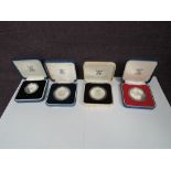 Four United Kingdom Royal Mint Silver Proof Coins, Silver Jubilee Crown, 1980 80th Birthday Crown,