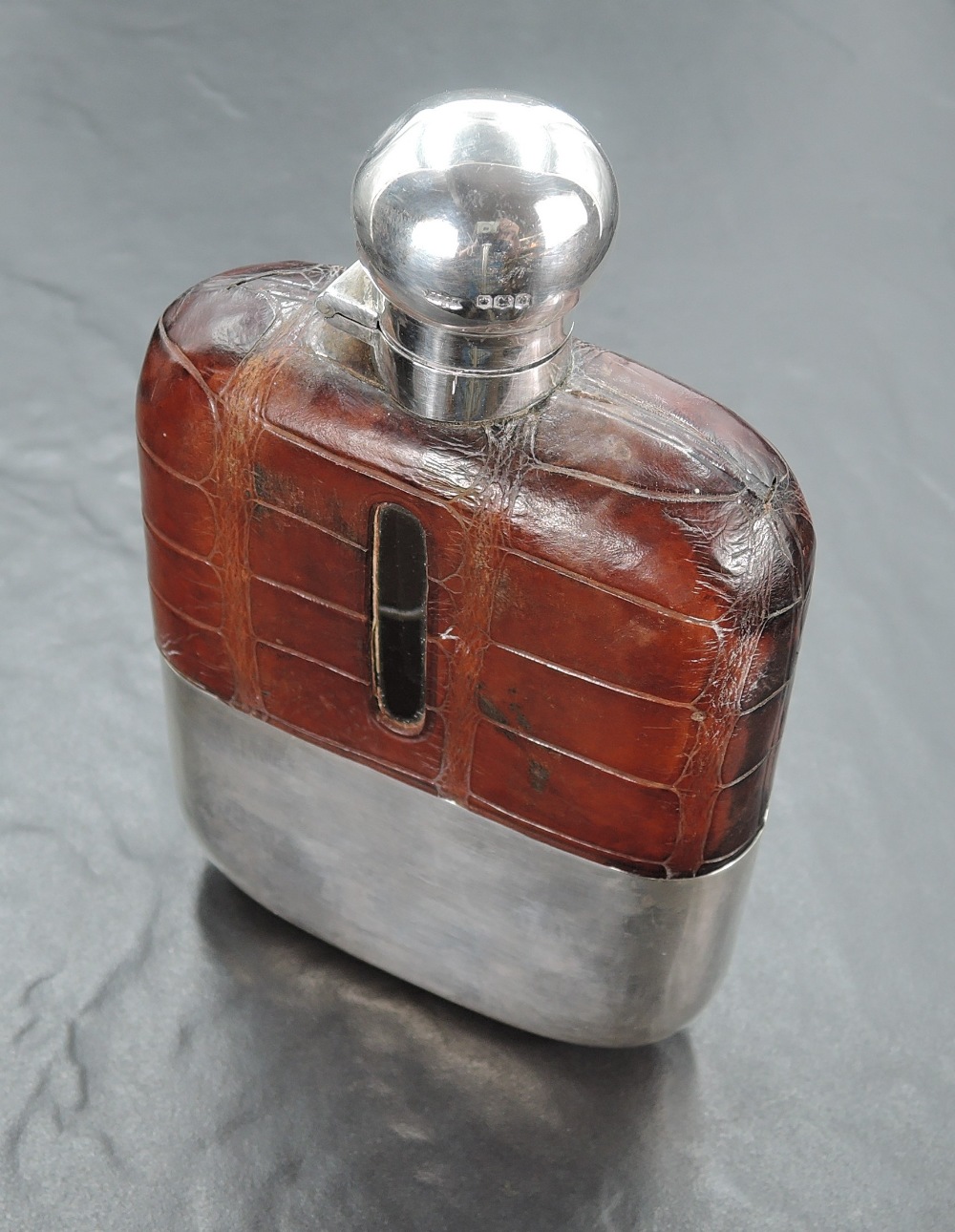 A George V Silver, leather and glass hip flask, of traditional form with spherical screw-lock hinged - Image 4 of 4