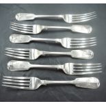 A set of six Victorian silver fiddle pattern forks, with pip and engraved dog crest to terminals,