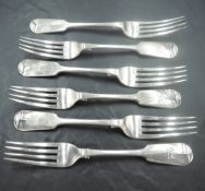 A set of six Victorian silver fiddle pattern forks, with pip and engraved dog crest to terminals,