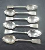 A set of six William IV silver fiddle pattern spoons, with engraved initials to terminals, marks for