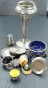 A small lot of sundry silver items, to include dressing jar covers, vase, napkin ring and small