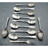 A group of miscellaneous silver coffee spoons and a single pickle fork, 124grams gross.