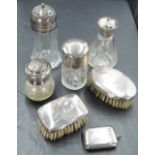 A George V silver topped cut-glass scent bottle, the flared cylindrical cover with painted Dutch