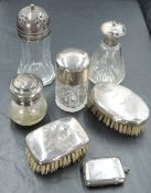 A George V silver topped cut-glass scent bottle, the flared cylindrical cover with painted Dutch