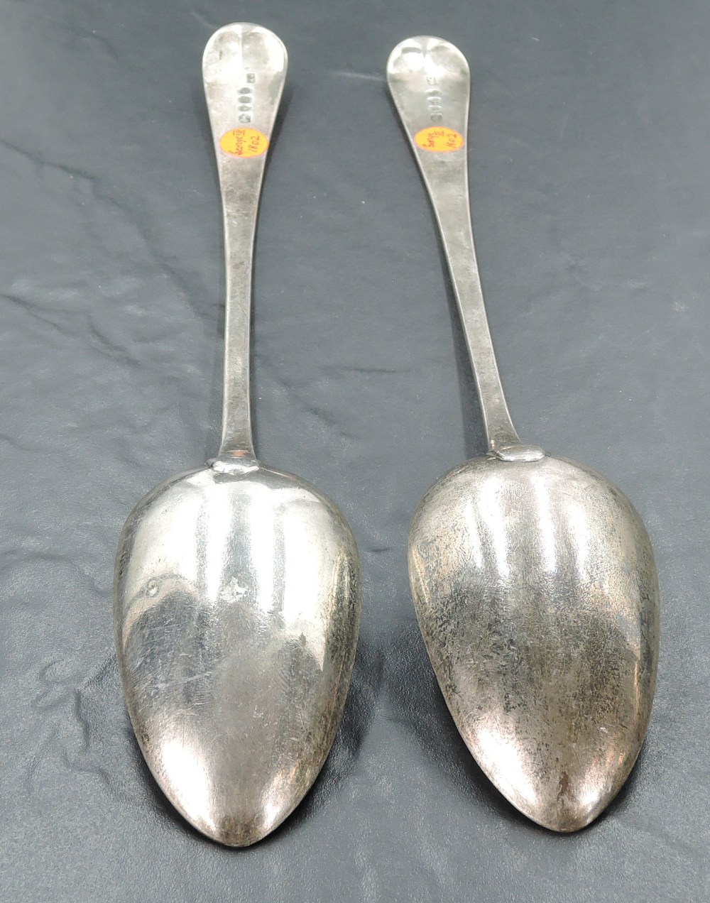 A pair of George III silver Old English pattern serving spoons, each with engraved initials to - Image 3 of 3