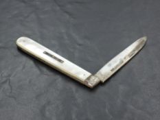 An early Victorian mother-of-pearl mounted and silver bladed pocket or fruit knife, marks for