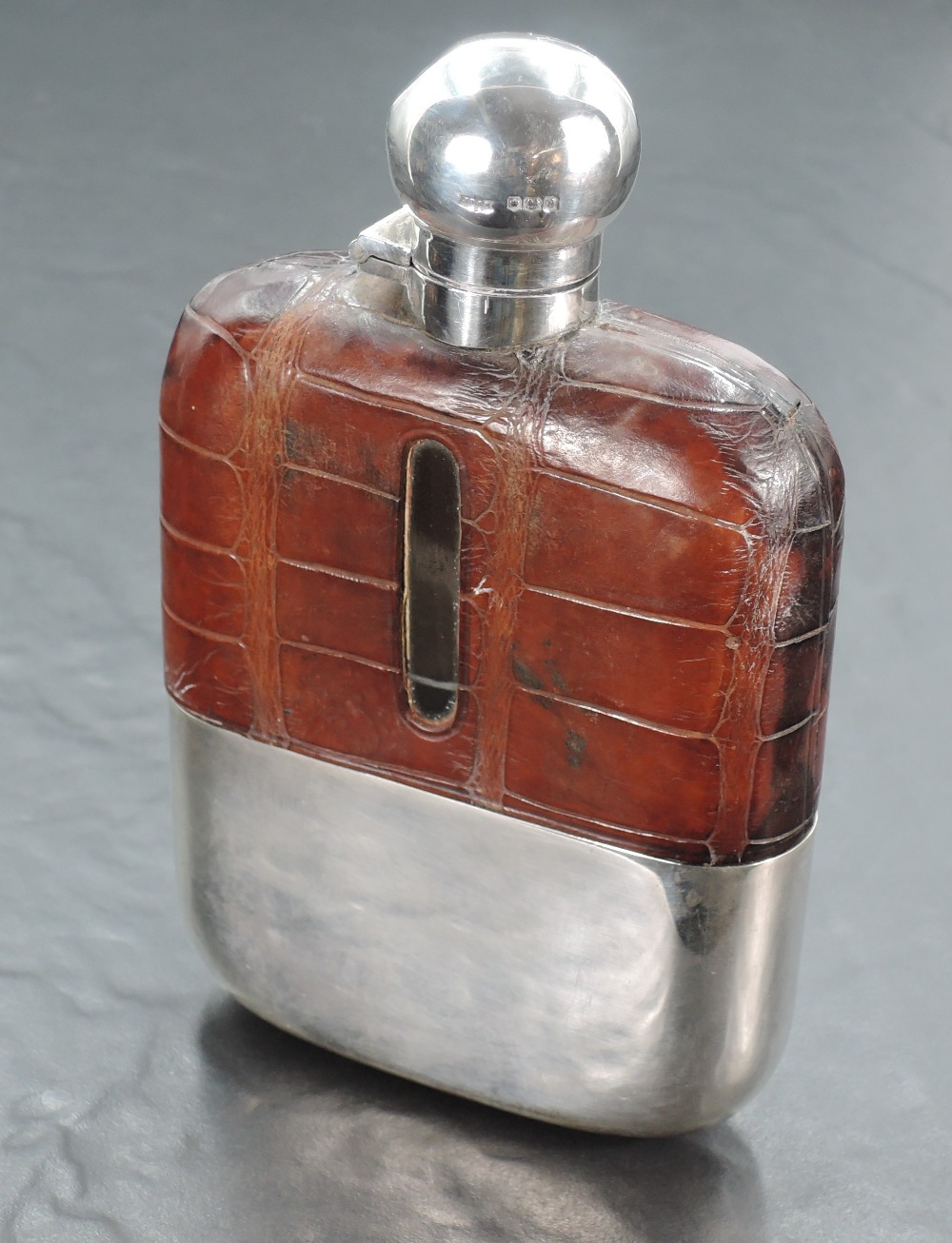 A George V Silver, leather and glass hip flask, of traditional form with spherical screw-lock hinged - Image 3 of 4