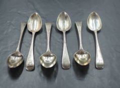 A set of six George III silver Old English pattern tea spoons, with engraved initial to terminal and