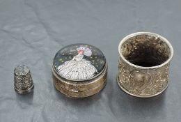 A George V silver cosmetic/sold perfume case, of circular form, the top with painted and butterfly