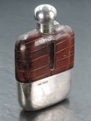 A George V Silver, leather and glass hip flask, of traditional form with spherical screw-lock hinged